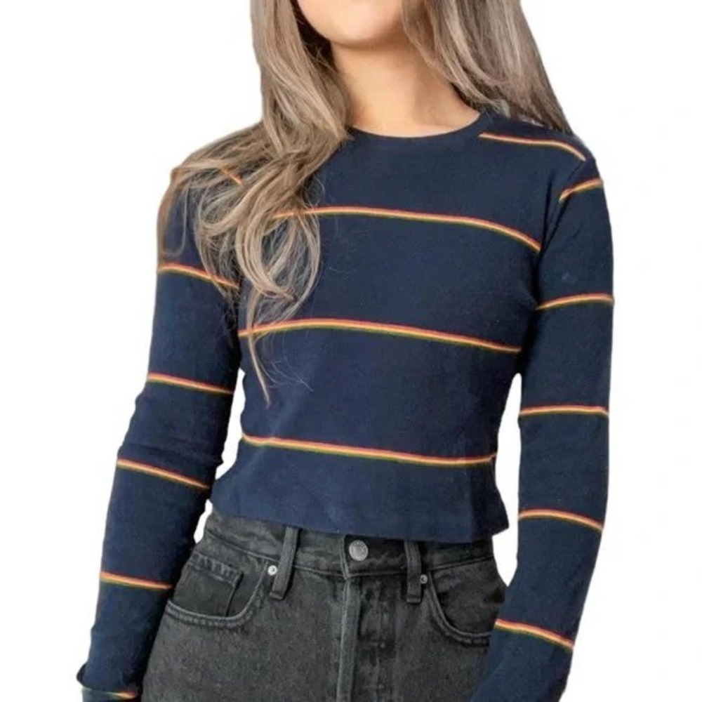Brandy Melville Santana Navy Striped Long Sleeve Crop Top Y2K Grunge Rasta Vibe‎